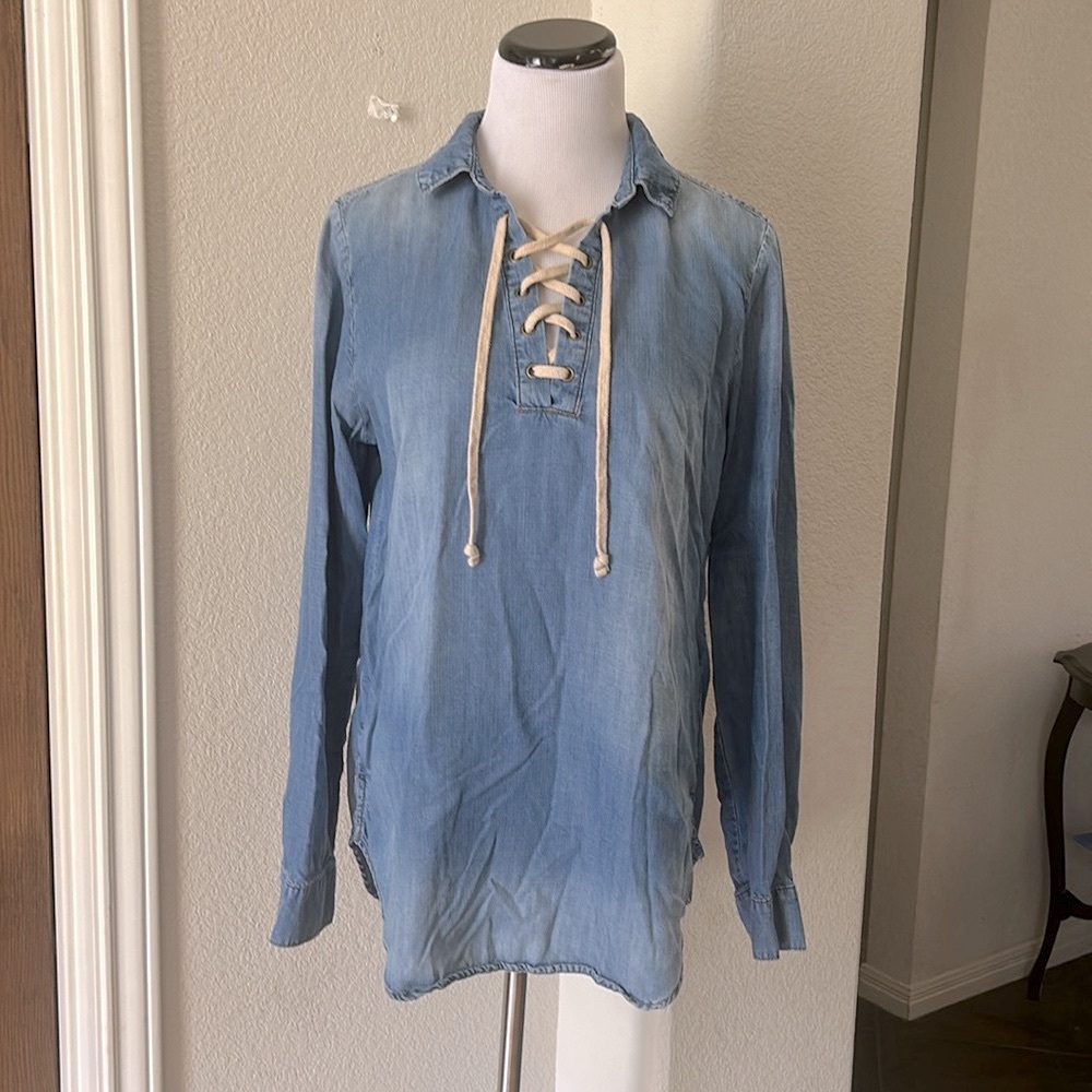 Cloth & Stone Ovwrsized Lycocell Top Flowy Comfy Tie Front Blue Medium